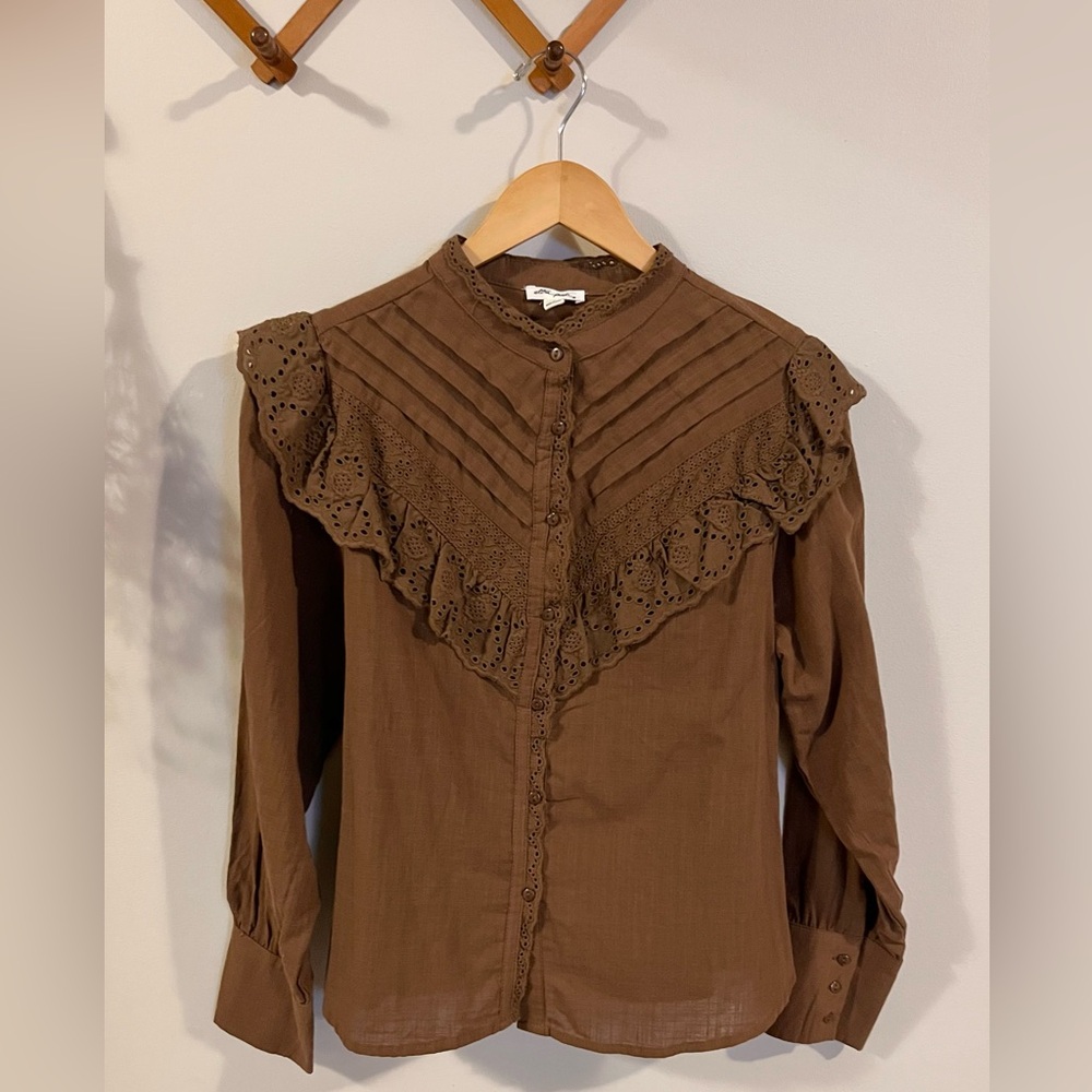 Brown Ruffled Button-Up Blouse